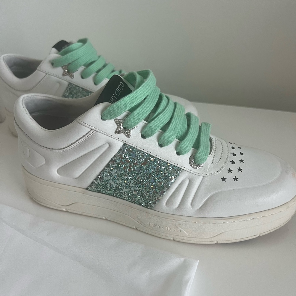 Jimmy Choo White and Green Sparkle Sneakers